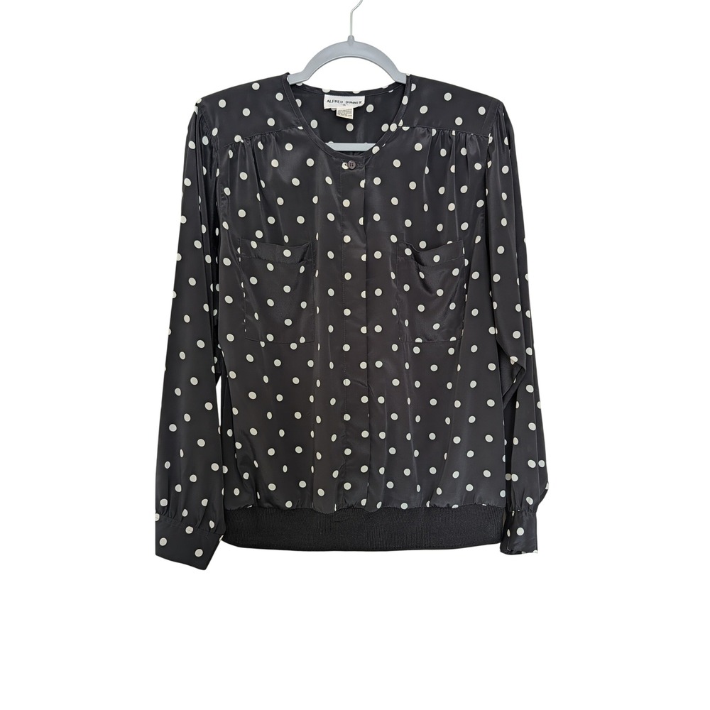Polka Dot Blouse Black White Button down Size 14